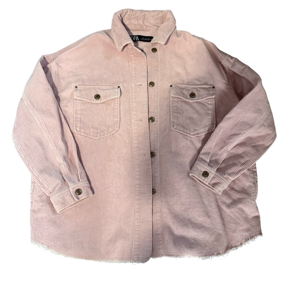 Zara Light Pink Utility Jacket/Shacket, corduroy, frayed bottom, Size Large - Picture 4 of 7